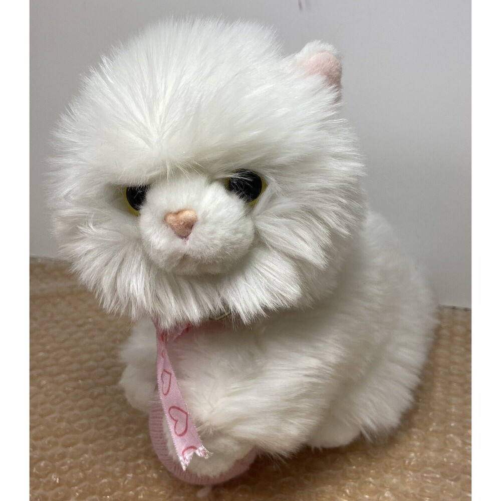 Miyoni Tots Auroa Realistic White Cat Yellow Eyes with Ball of Yarn Plush 10 in